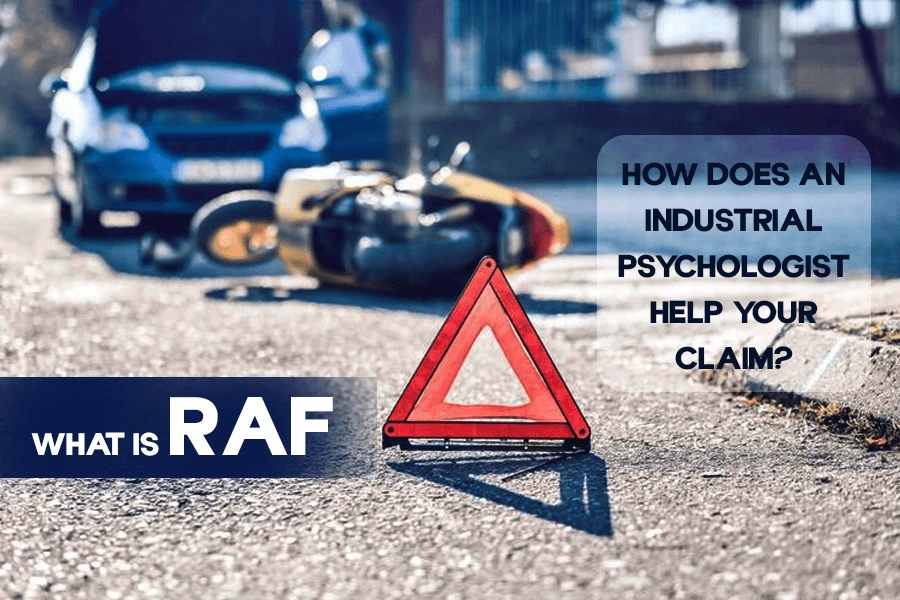 Car and motorcycle accident scene with warning triangle – What is RAF and how an industrial psychologist helps your claim
